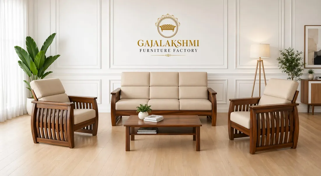 Curved Slat Walnut Sofa Set — built at the Gajalakshmi Furniture workshop in Chennai